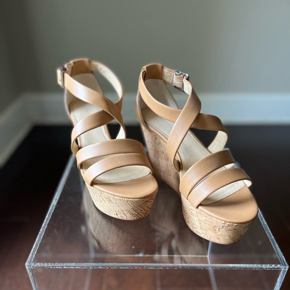 Never worn Calvin Klein Tan Wedge Sandals with Strappy Design